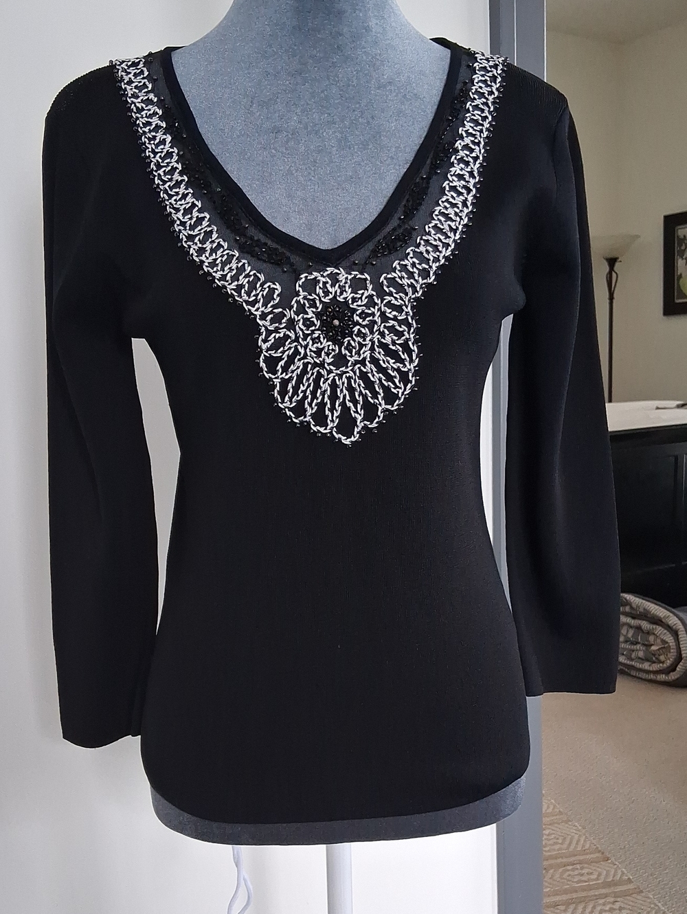 Black Long-Sleeve V-Neck Top with Silver Crochet Embellishment